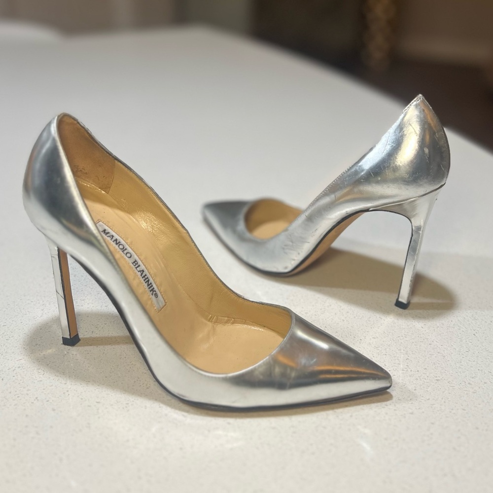 Manolo Blahnik Metallic Silver Heels 36